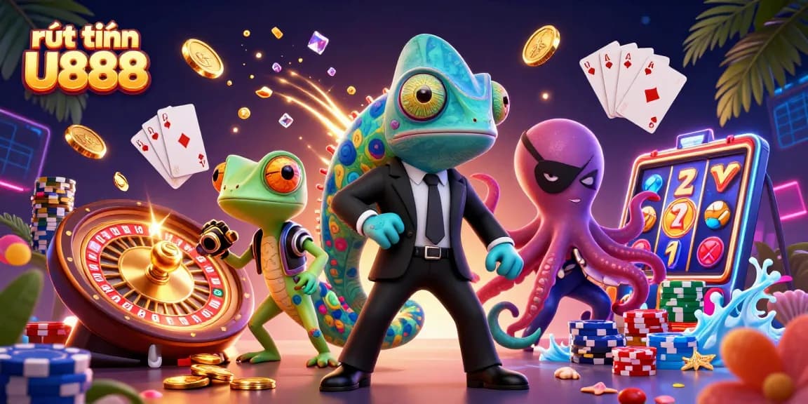 Experience the thrilling rút tiền U888 gaming scene with vibrant elements including coins, cards, and lucky symbols.
