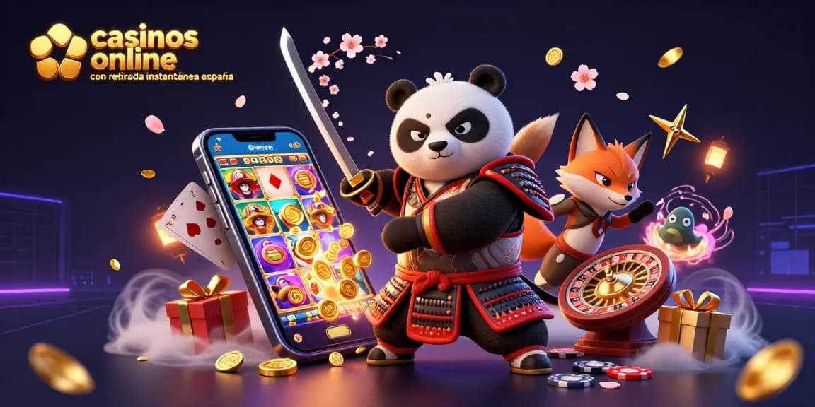 Engage with casinos online con retirada instantánea españa showcasing a samurai panda and ninja fox amidst vibrant gambling elements.