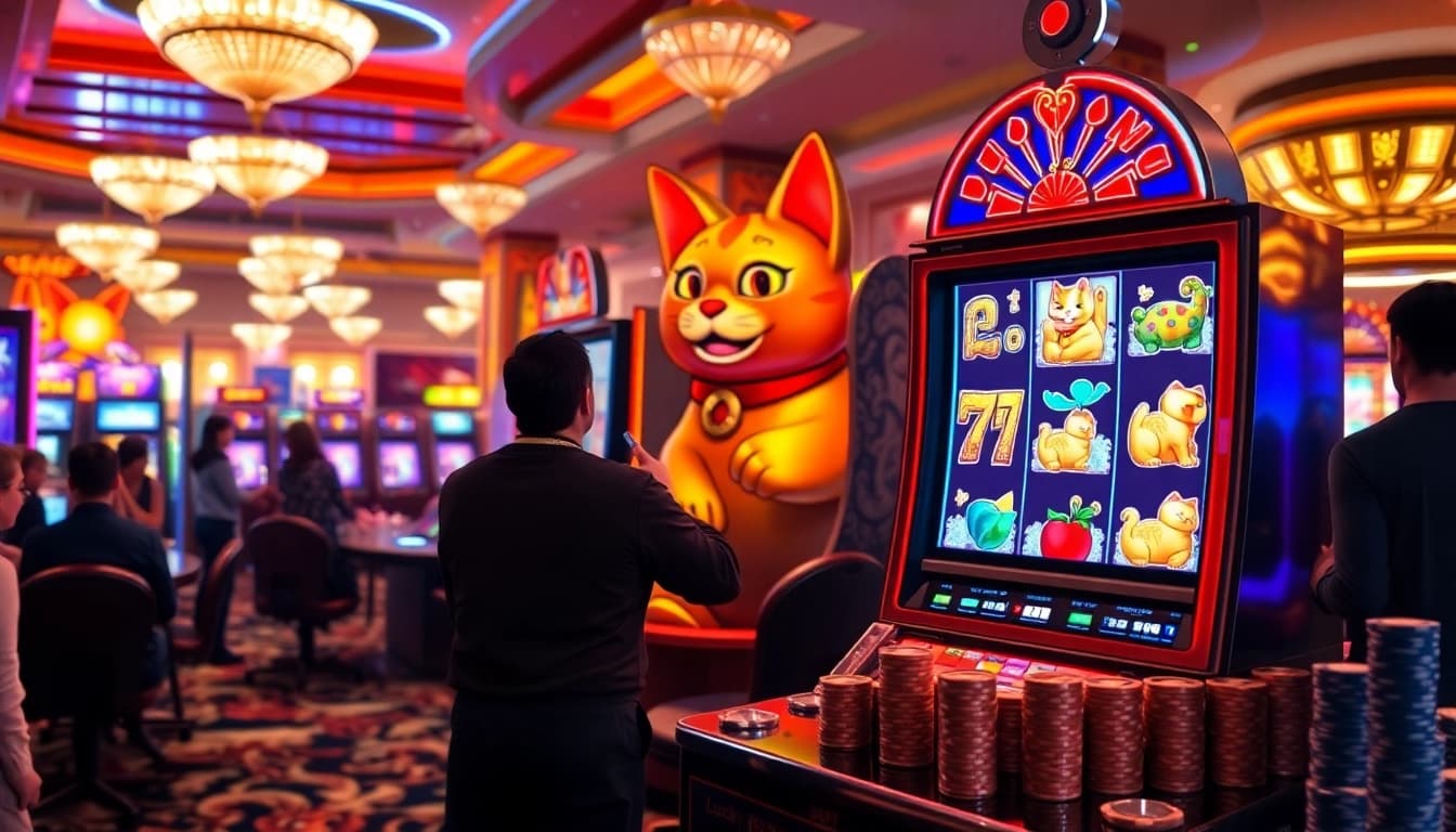 Excited players engaging with the Lucky Neko PG Soft เกมแตกง่าย 2025 slot machine in a lively casino.