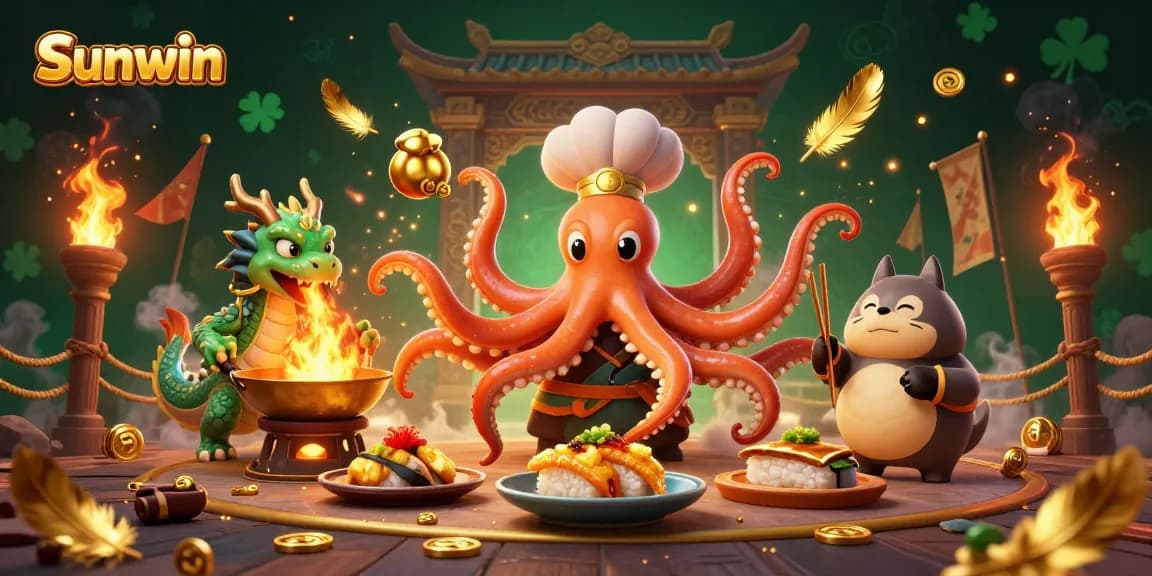 Experience the vibrant energy of Sunwin with a sushi chef octopus, dragon, and tanuki in a dynamic gaming scene.
