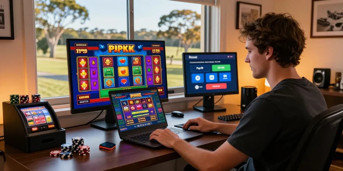 Engaged Australian player enjoying online casinos Australia with vivid game graphics and vibrant atmosphere.