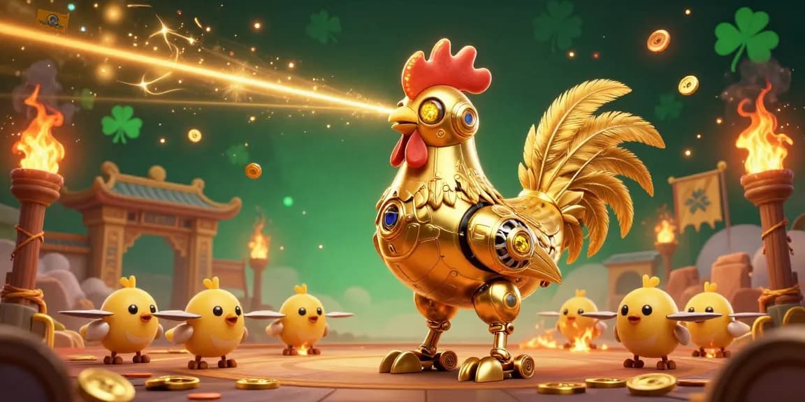 Rasakan sensasi bermain di rajakadal dengan robot ayam emas futuristik yang memancarkan cahaya fantastis.