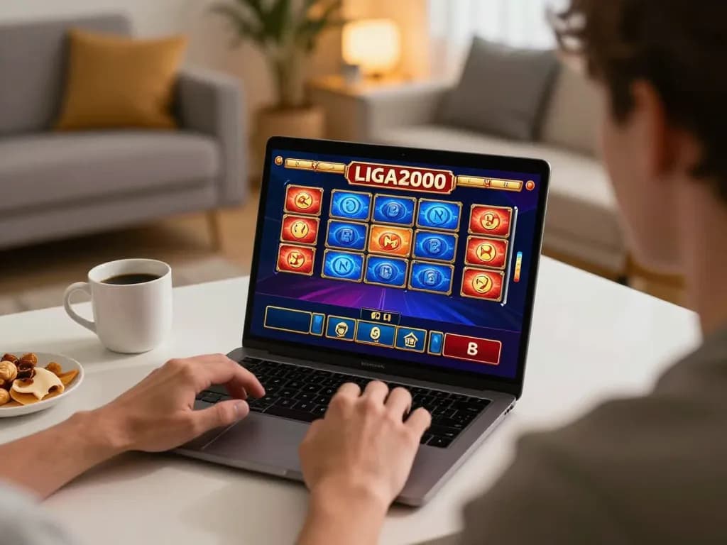 LIGA2000 online slot gameplay showcasing player strategy at home, vibrant gaming setup with cozy atmosphere.