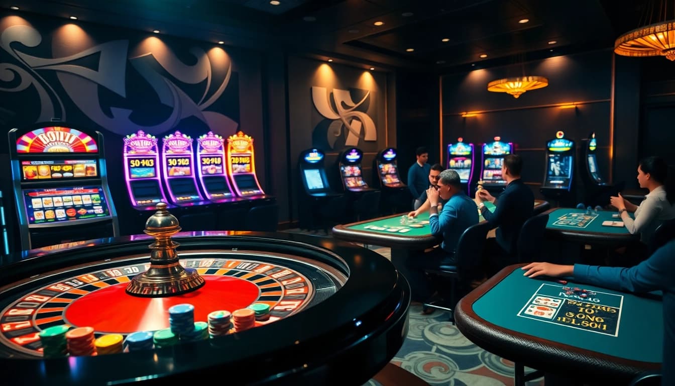 Ktpjitu alternatif casino scene with players enjoying roulette and slot machines.