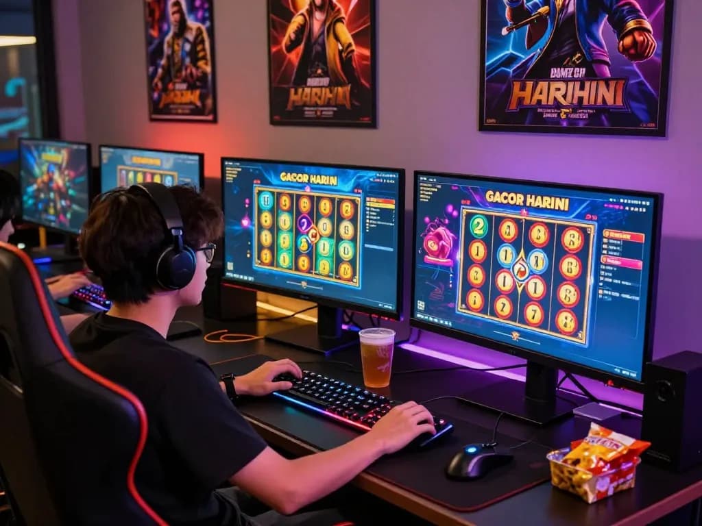 Pemain yang merasakan kegembiraan slot gacor hari ini dalam pengaturan permainan yang vibrant dengan beberapa layar dan pencahayaan ambient.