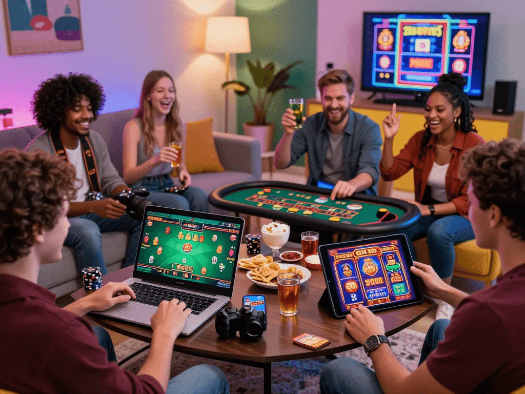 Exciting scene of players enjoying USA online casinos on multiple devices in a colorful living room.