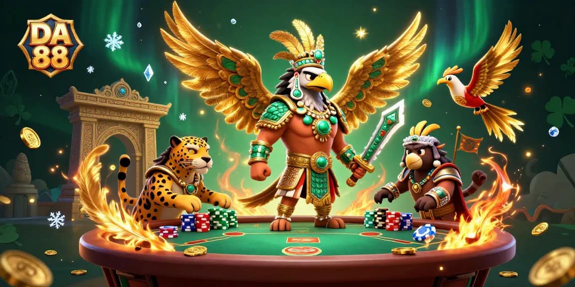 Engage with DA 88 through a vibrant scene featuring Aztec characters and poker gameplay.
