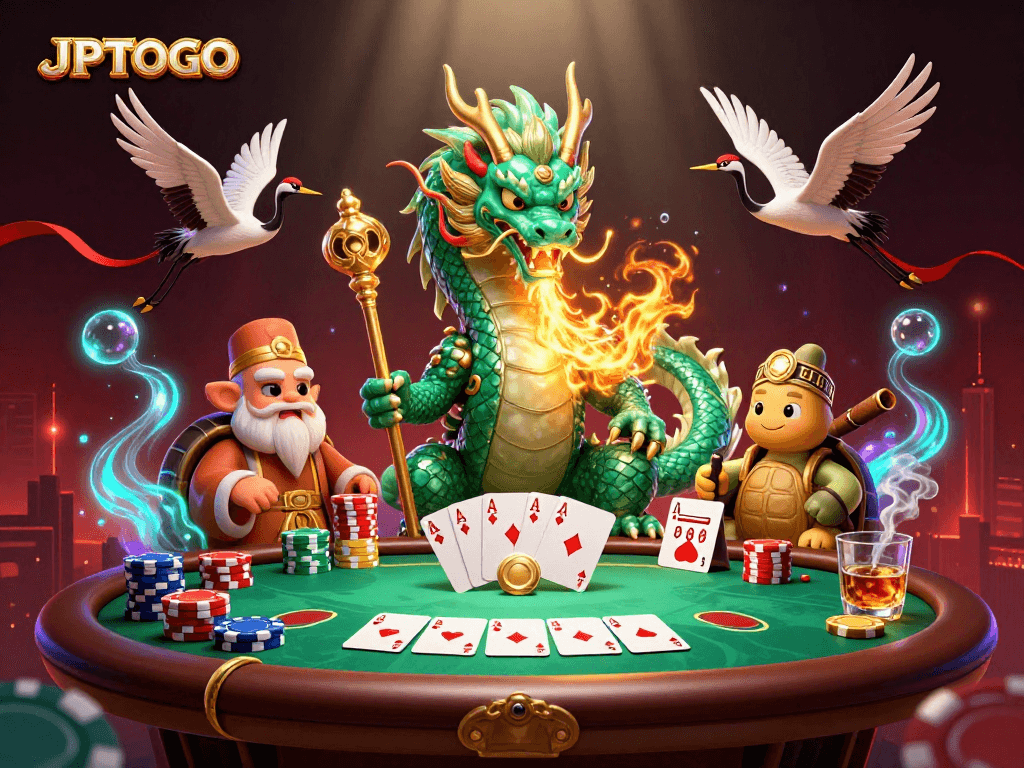Engage with JPTOTO's exciting casino scene featuring a dragon and lucky symbols.