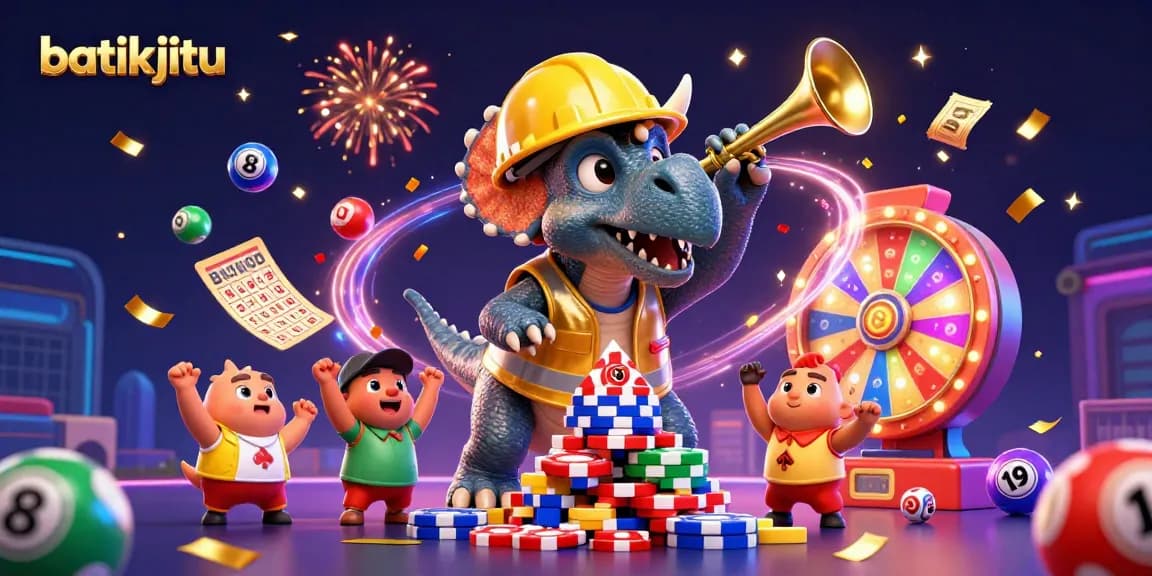 Batikjitu menunjukkan triceratops membangun tumpukan chip poker, di tengah kegembiraan permainan kasino.