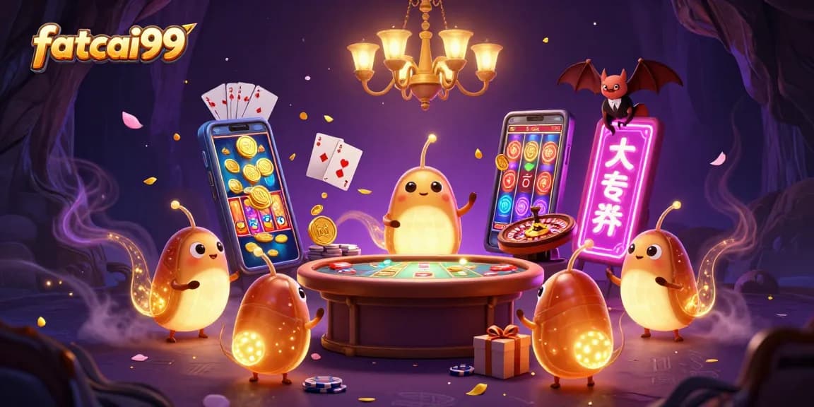 Experience winning excitement with fatcai99, a vibrant 3D casino scene featuring glowing glowworms and gaming elements.