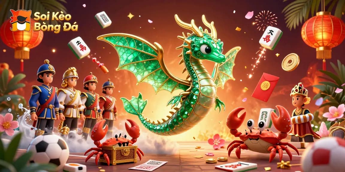 Soi Kèo Bóng Đá showcases a vibrant 3D scene with sports betting elements and a whimsical sea dragon.