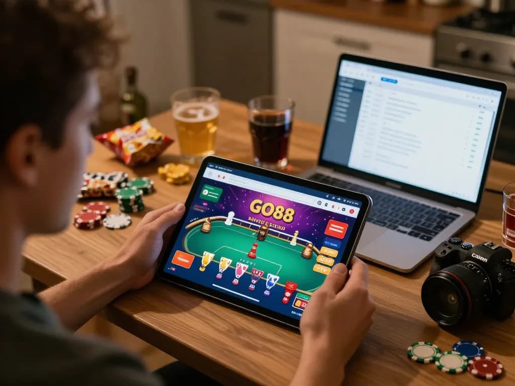 Person engaged with the GO88 casino app while managing their bankroll at home.