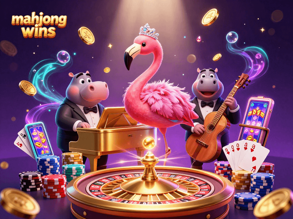 Capture mahjong wins excitement with vibrant casino scene featuring flamingo singer and hippo bassist.