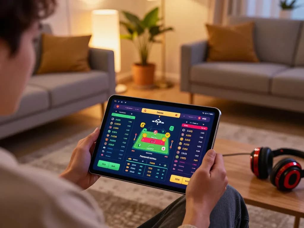 Engaging in sports betting on zx88 platform, showcasing interactive tablet with betting options.