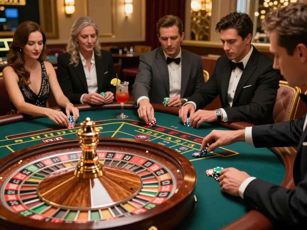 Players at NK88 focusing on the roulette wheel, showcasing strategic betting excitement.