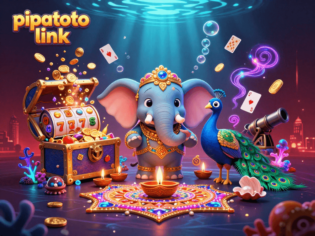Pipatoto link features vibrant slot machines alongside 3D Diwali-themed characters in an engaging casino scene.