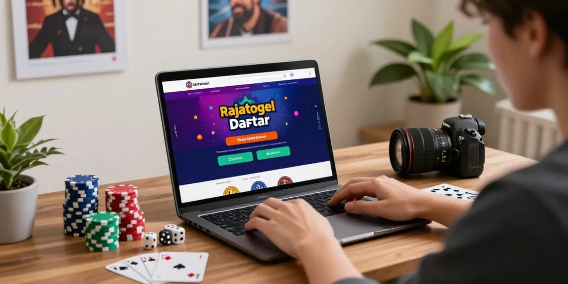 Pengguna melakukan rajatogel daftar di platform perjudian online dengan laptop, kartu permainan, dan dadu di sekitarnya.