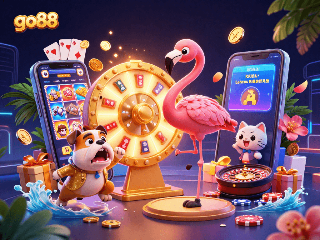 Experience the excitement of go88 with a dynamic casino scene featuring a game show host and colorful elements.