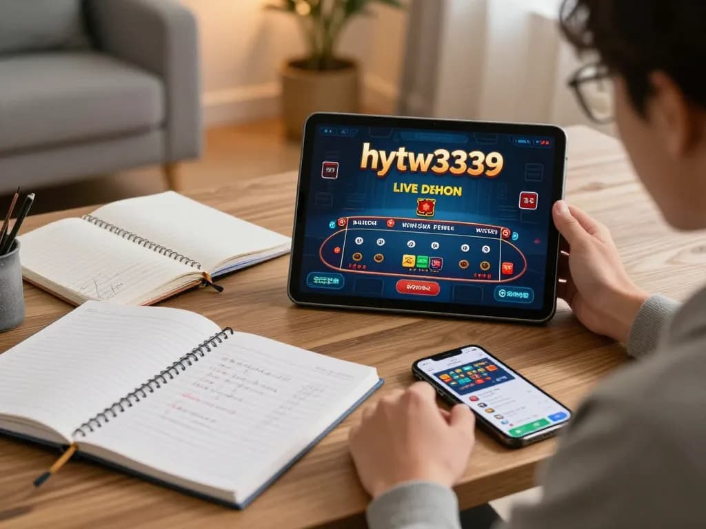 Engaged player strategizing for hytw3339 online gaming with tablet and notes.