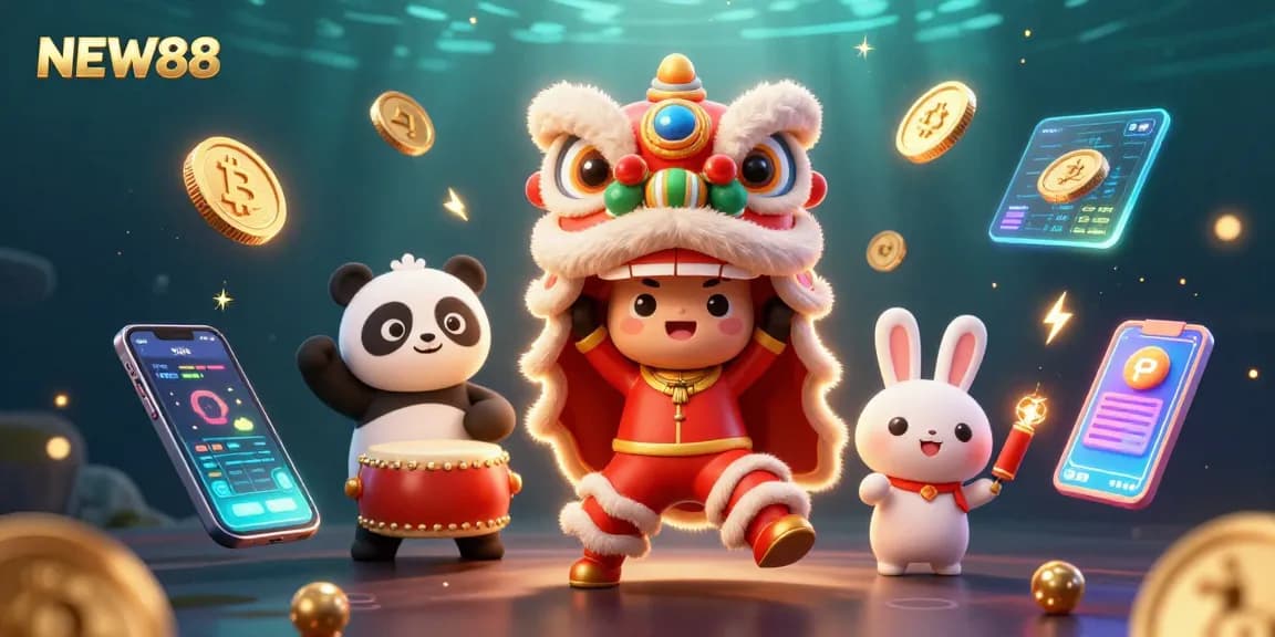 Experience winning at NEW88 with vibrant casino visuals and festive characters in an engaging 3D scene.