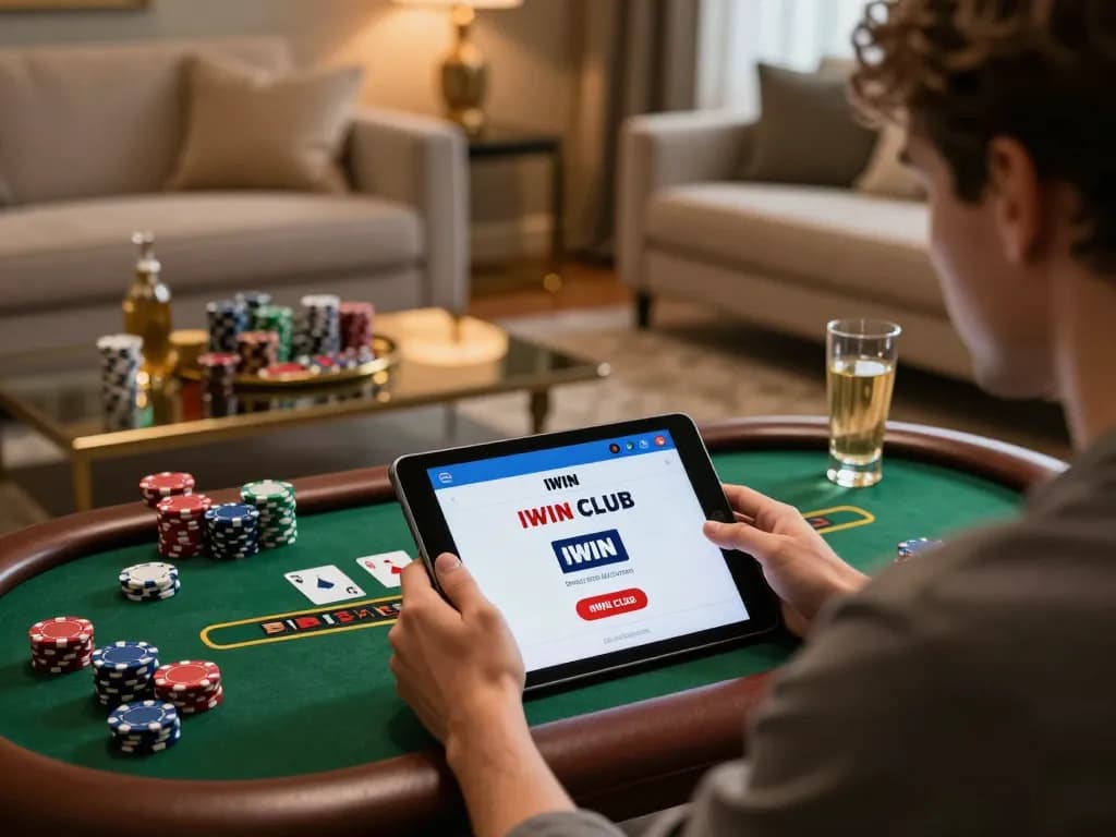 IWIN CLUB player enjoying blackjack on tablet, showcasing dynamic online gaming experience with responsible gambling.