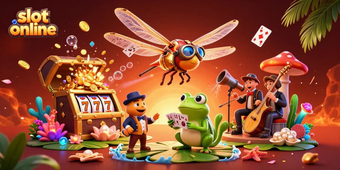 Experience thrilling slot online action with a cartoon dragonfly pilot and frog croupier at a lively lily pad casino.