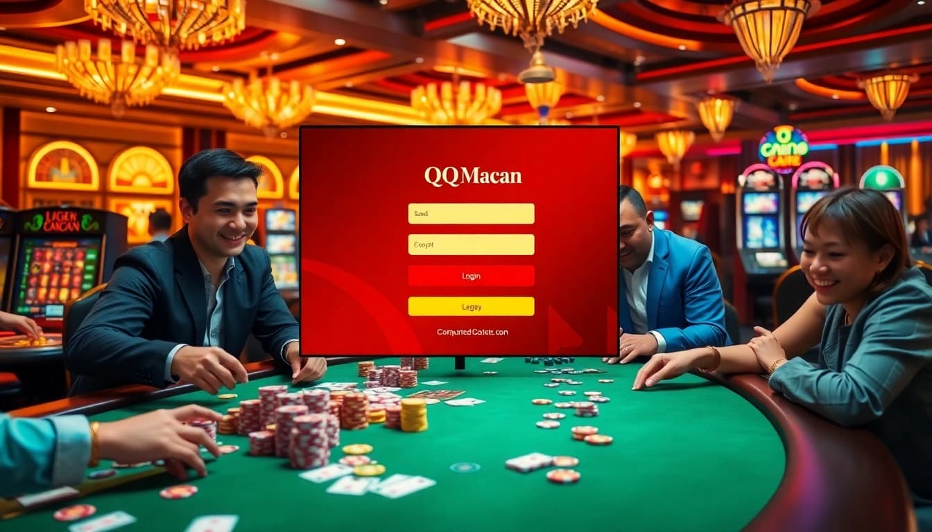 Experience the excitement of gambling with QQMacan login on a luxurious casino scene filled with vibrant slots and gaming tables.