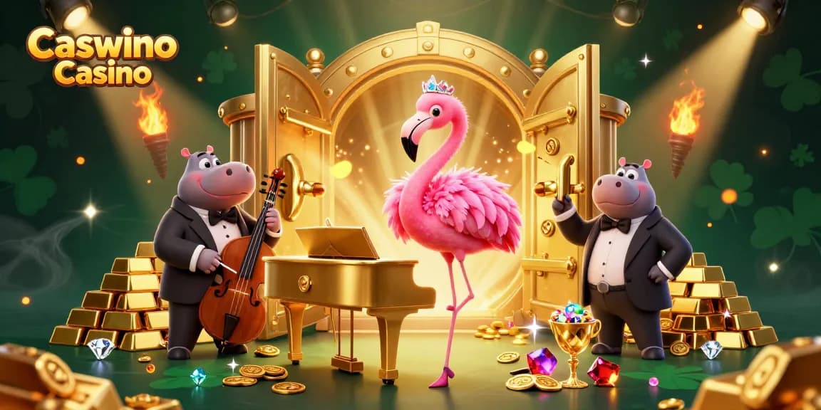 Experience the excitement of Caswino Casino with a vibrant 3D illustration showcasing a flamingo singer and hippo bassist.