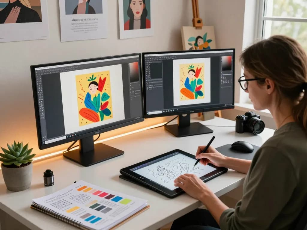 Artist working on AI-generated images with Nano Banana in a bright creative workspace.