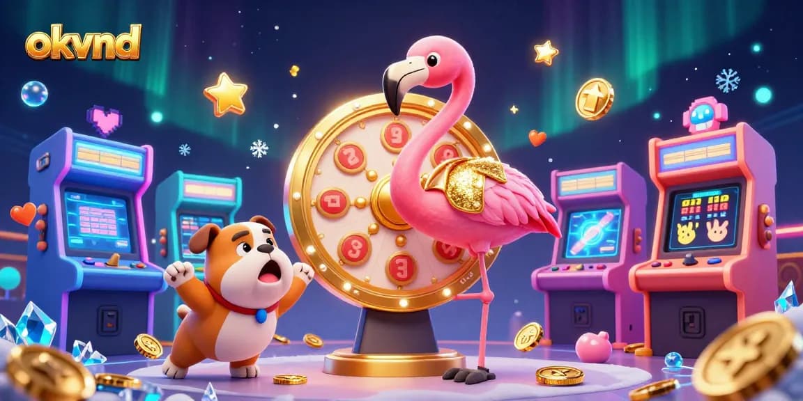 Spin the golden prize wheel with okvnd in a vibrant casino illustration featuring a flamingo host, bulldog contestant, and a cat assistant.