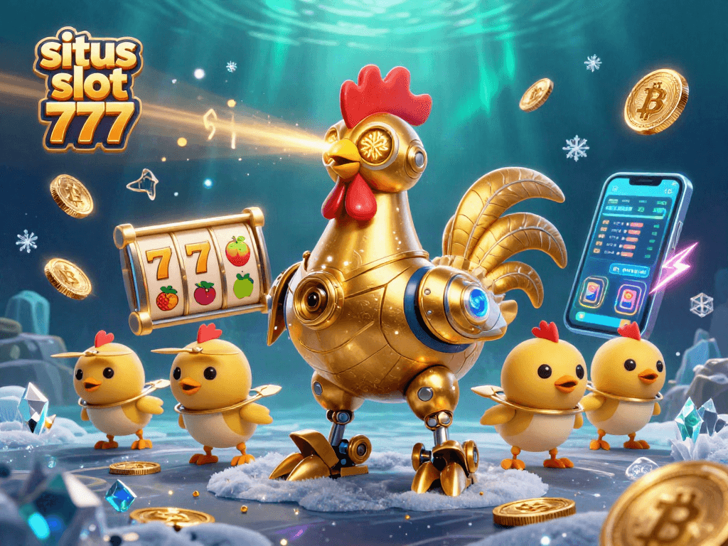 Engage in the adventure of situs slot 777 with a vibrant scene featuring a golden rooster robot and treasure.
