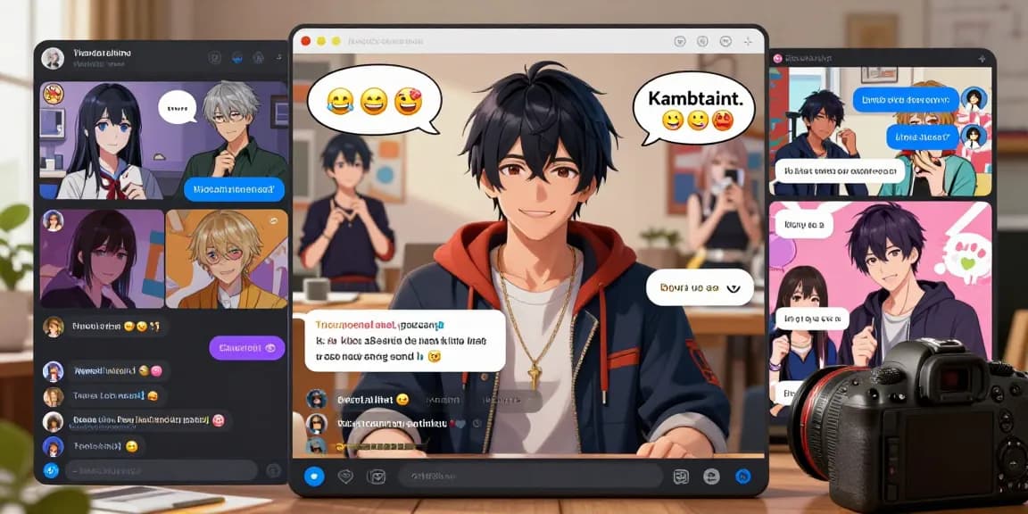 Engaging scene depicting Hentai chat AI characters in a lively digital chat room, showcasing dynamic conversations and anime culture.