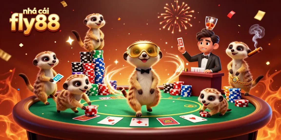 Experience the bustling atmosphere of nhà cái fly88 with meerkats running a vibrant casino operation.