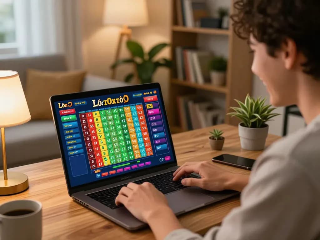 Player engaged in lô đề online gaming at home, with colorful interface and warm lighting.