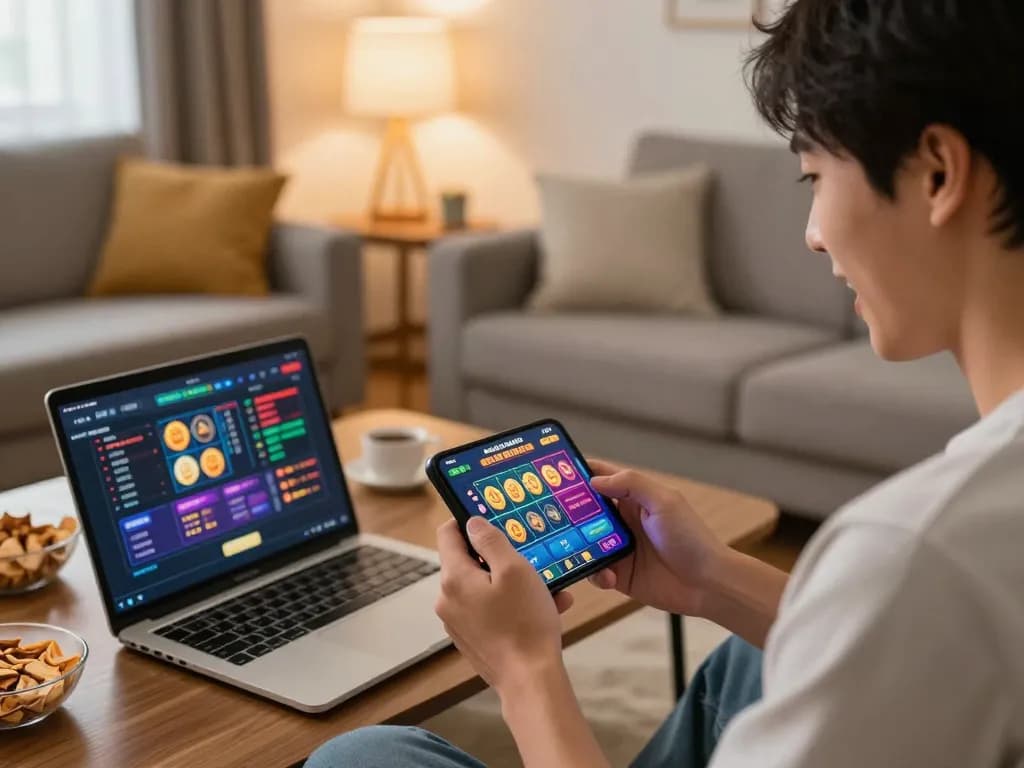 Engaging in situs slot gacor gameplay on smartphone in cozy living room setting.
