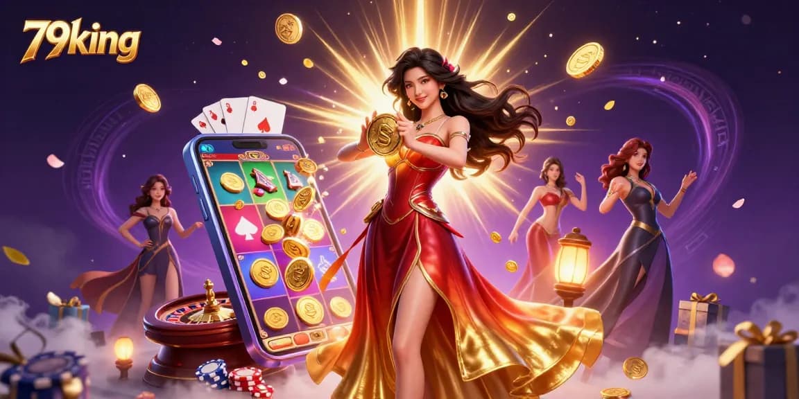 Engage with 79king by enjoying stunning slot games amidst a cascade of golden coins and vibrant colors.