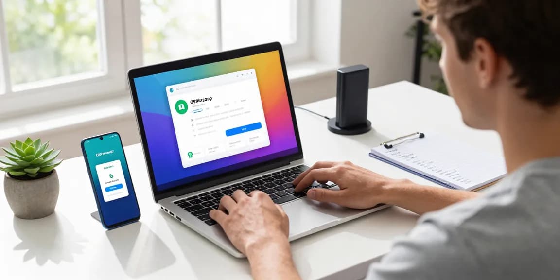 Tech-savvy individual downloading GBWhatsApp APK on a laptop, showcasing vibrant app features.