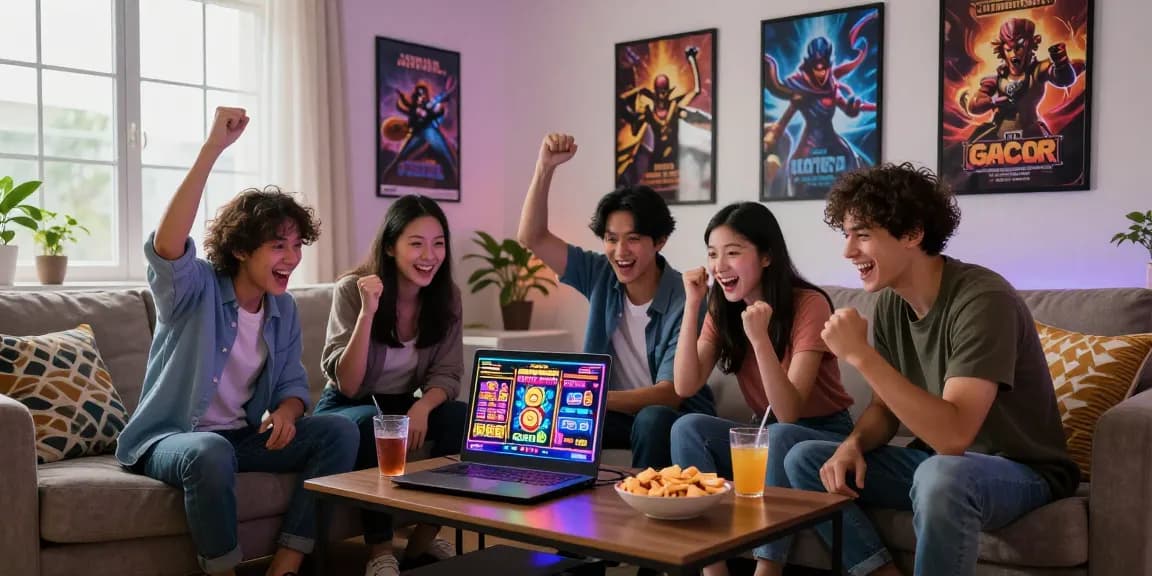 Excited friends celebrating a jackpot win on a slot gacor game in a lively living room.