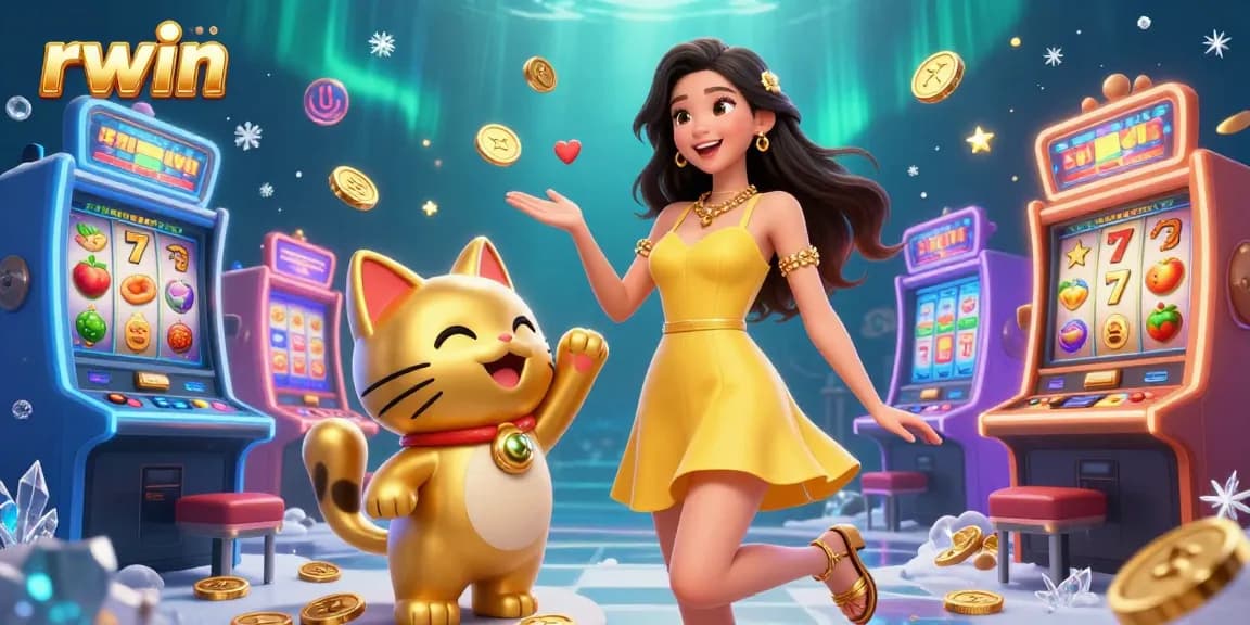 Experience exciting jackpots at rwin with a cheerful lady and lucky cat amidst vibrant slot machines.