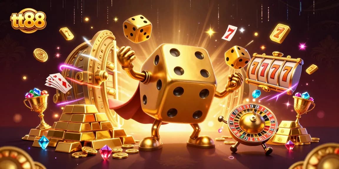 Experience the thrill of tt88 with vibrant visuals of golden dice, slot reels, and treasures!