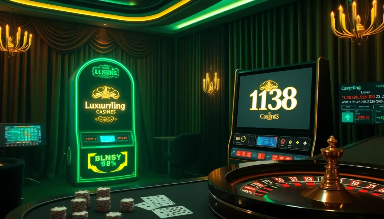 Experience luxury138 at a glamorous casino scene featuring a slot machine, roulette wheel, and poker cards.