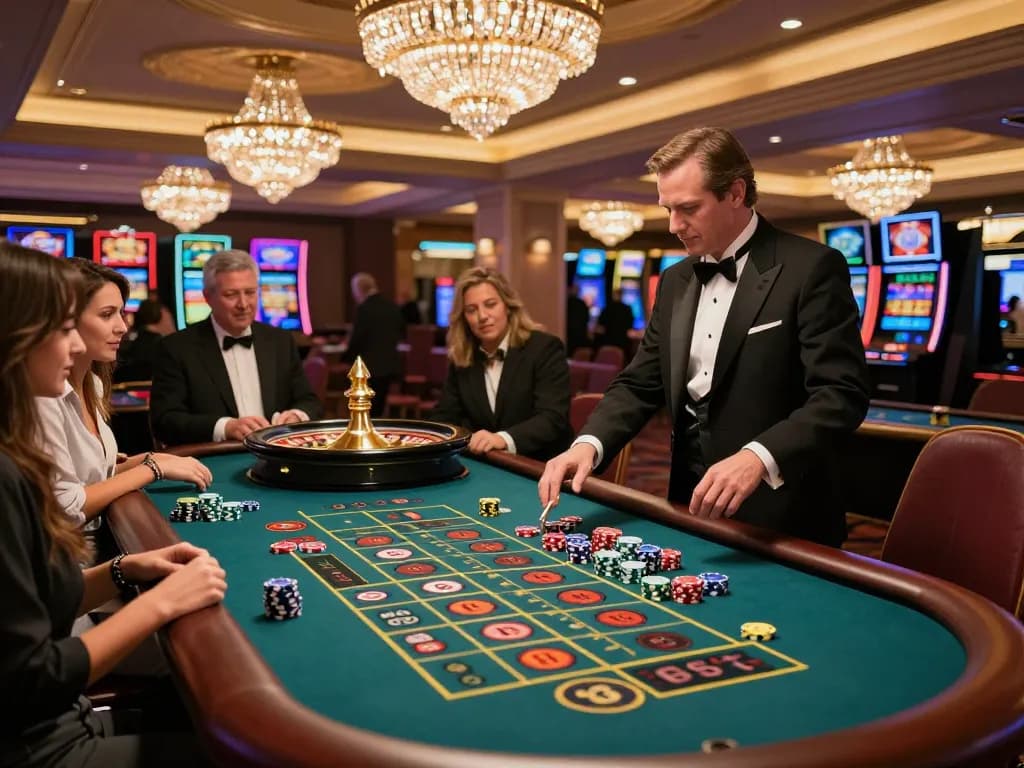 hitclub players placing bets on roulette table in an upscale casino ambiance