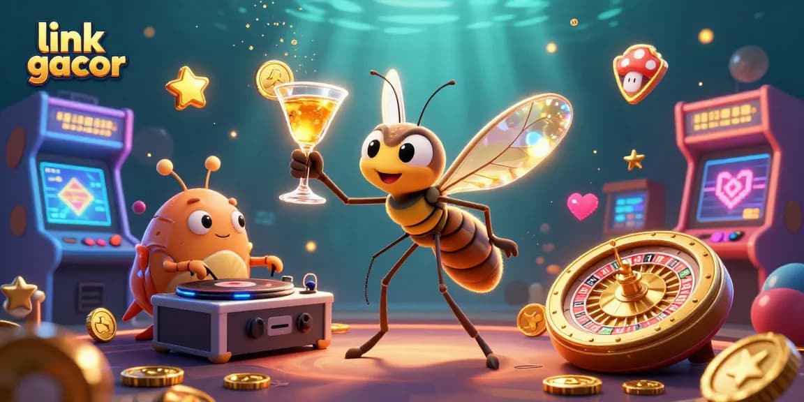 Join the excitement with link gacor as a frozen-in-amber mosquito mascot and friends in a vibrant casino scene.