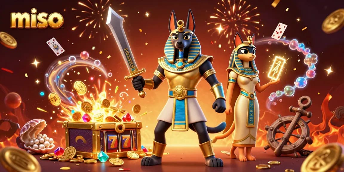 Miso slot game illustration featuring 3D characters Anubis and Bastet amid gold coins and vibrant treasures.