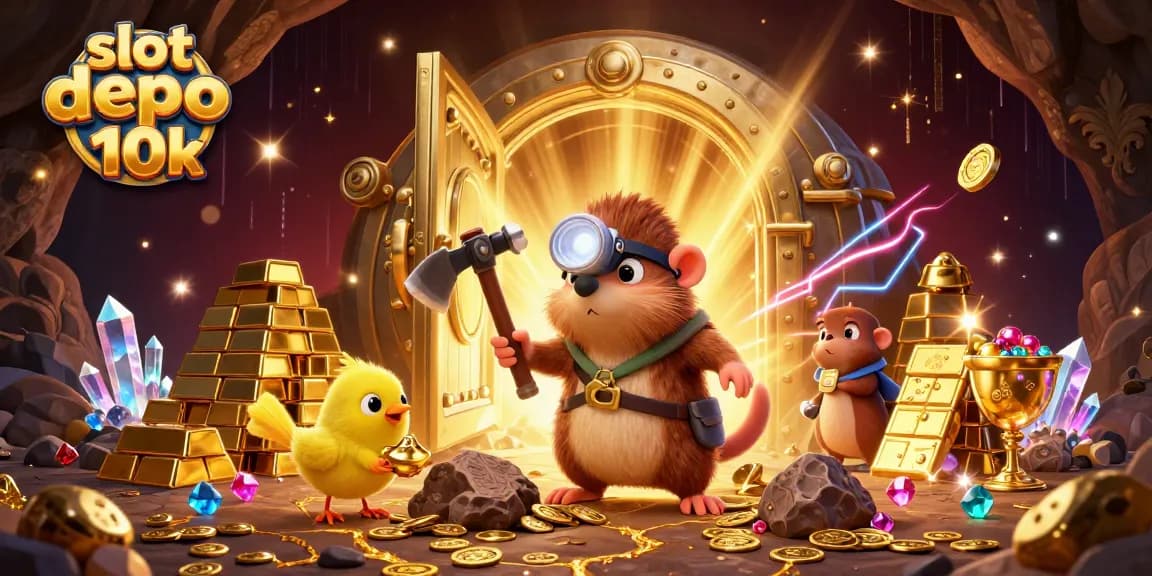 Win big with slot depo 10k in a vibrant 3D casino scene filled with treasures.