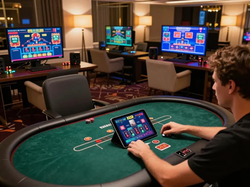 Engaging player using tablet for online casino gaming on m122 site, showcasing poker table excitement.