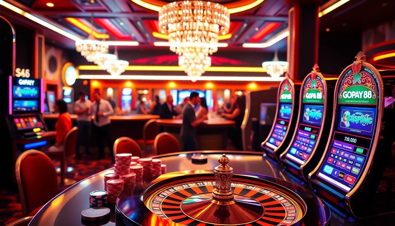 Engage with Gopay88 at a luxurious casino setup filled with vibrant slots and roulette.