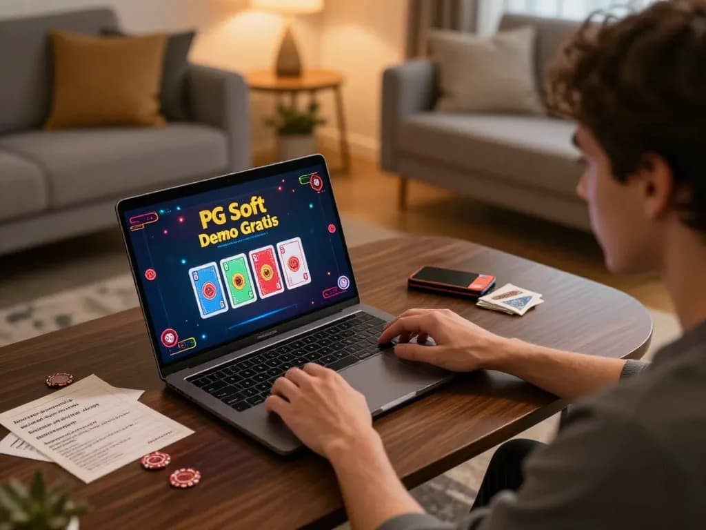 Terlibat dengan PG Soft Demo Gratis di lingkungan rumah yang nyaman, menampilkan seorang gamer di laptop dengan dekorasi kasino.
