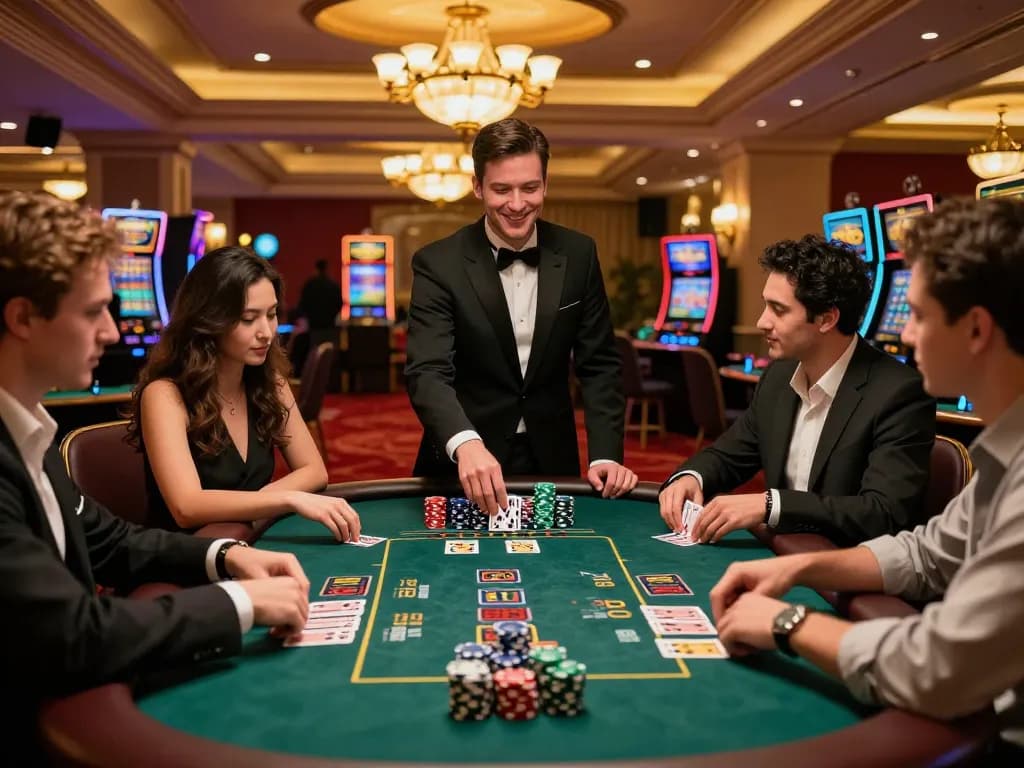 Players engaging in thrilling blackjack game at gameradar's vibrant casino table, showcasing betting strategies.