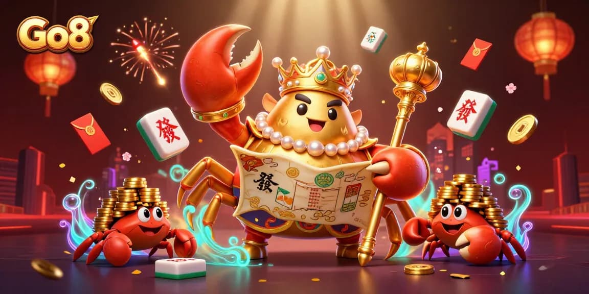 Go8 promotes thrilling casino gameplay with a golden crab emperor amidst a treasure scene.